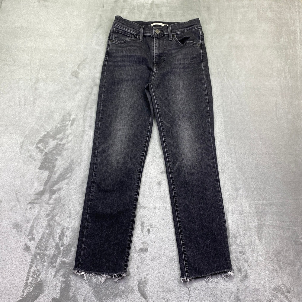 Levis Premium 724‎ High Rise Straight Jeans Black Raw Hem Big E Sz 28 Grunge